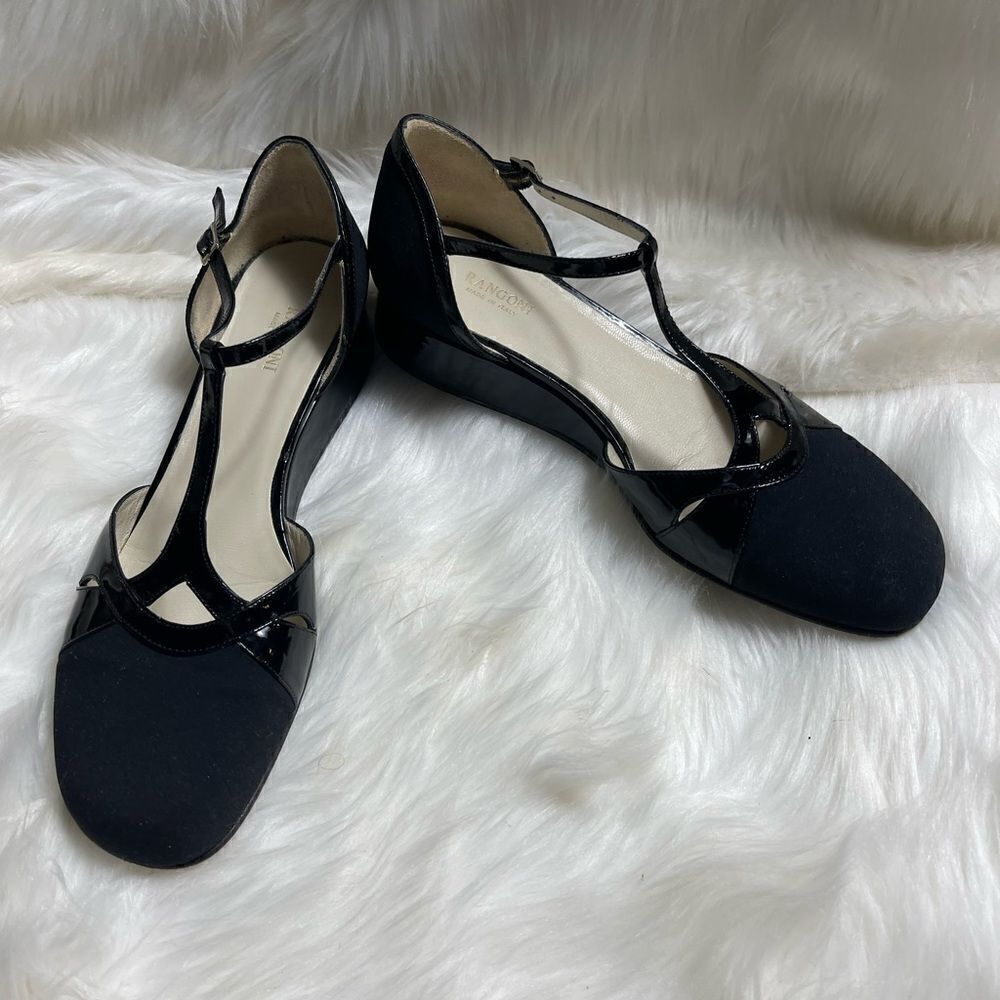 Rangoni black patent leather and nylon ankle T Strap wedge shoes size 10 .